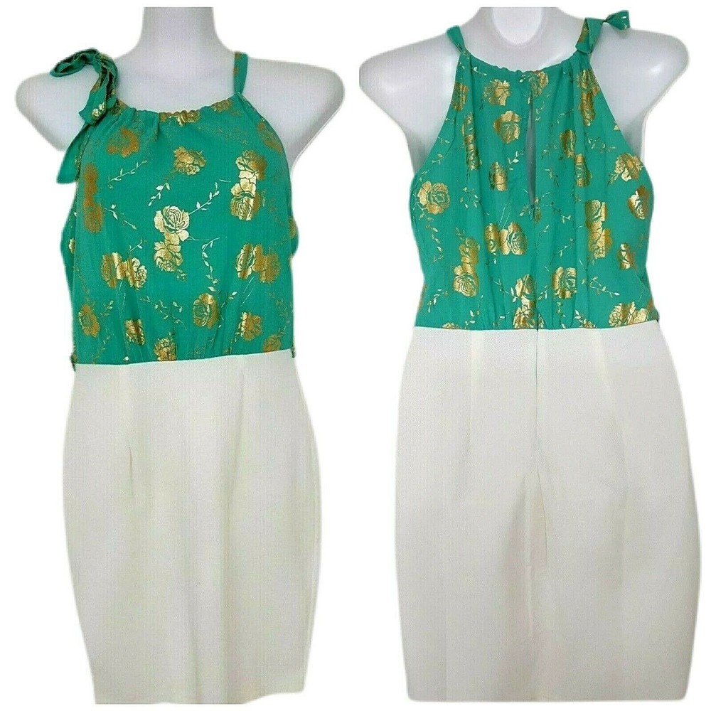 Naranka Womens Sun Dress Size Large Sleeveless Green Gold Foil White - Picture 5 of 13